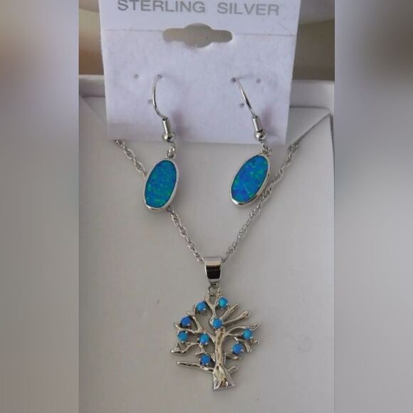 Tree of Life Sterling Silver Opal Pendant Necklace and Earrings Set 925 NWOT - Picture 1 of 9